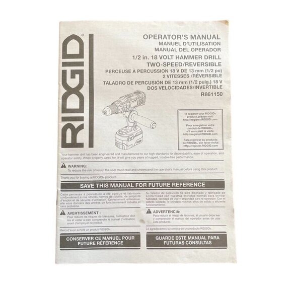 Ridgid Operators Instruction Manual Guide Hammer Drill Two Speed - Picture 2 of 2
